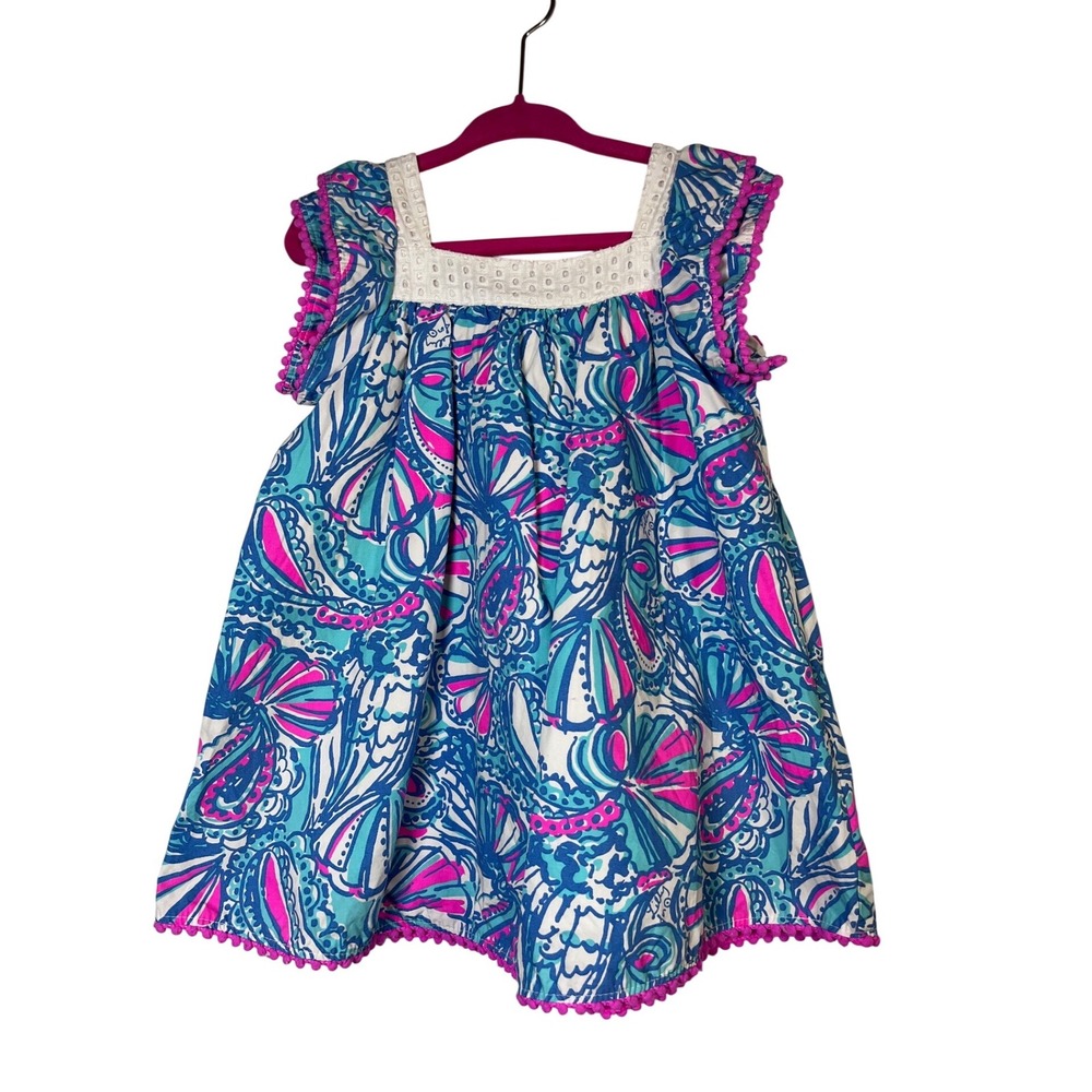 Lilly Pulitzer Dress Baby Girls 18M Blue Pink Excellent Pom Pom Eyelet Trim